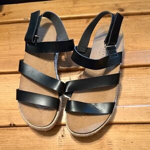 New Directions Black Strappy Cork Straw Sandals Boho Summer Beach 10